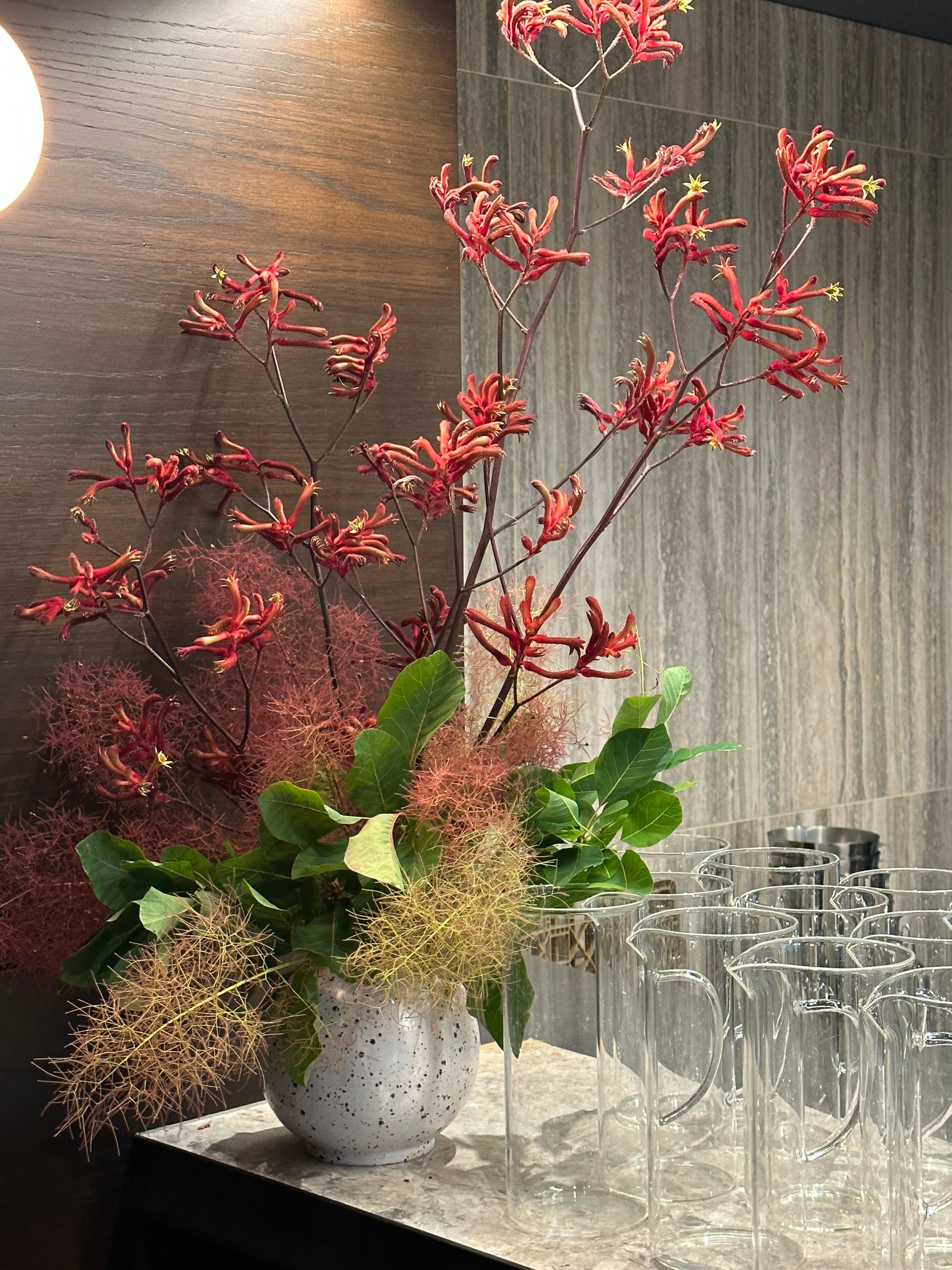 Vase arrangement of red kangaroo paw flowers and smoke bush foliage on a reflective surface
