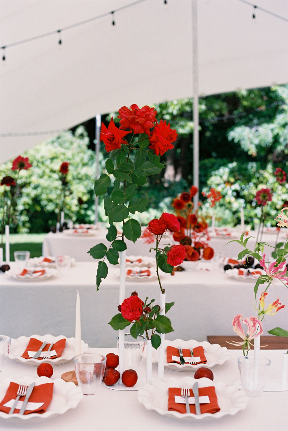 Decorative table setting with red flowers and white tableware outdoors.