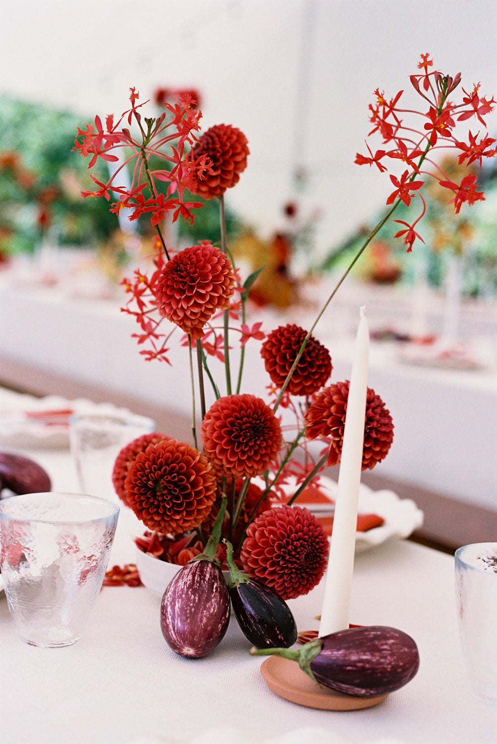 Decorative arrangement of red flowers and purple fruits on a table with a blurred background